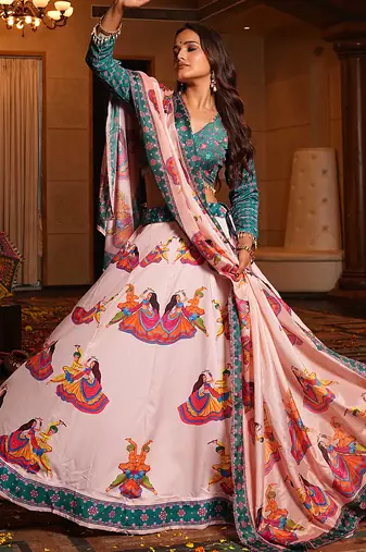 Women's Light Pink Crepe Printed Work Semi Stiched Lehenga Choli With Dupatta