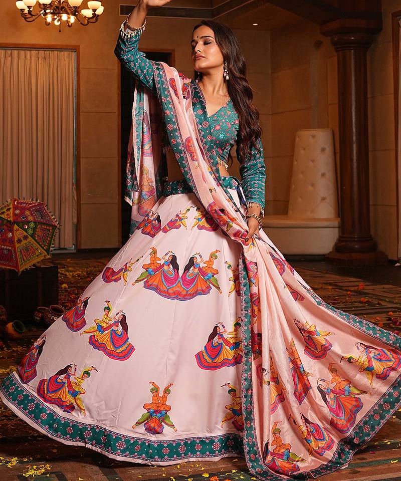 Women's Light Pink Crepe Printed Work Semi Stiched Lehenga Choli With Dupatta