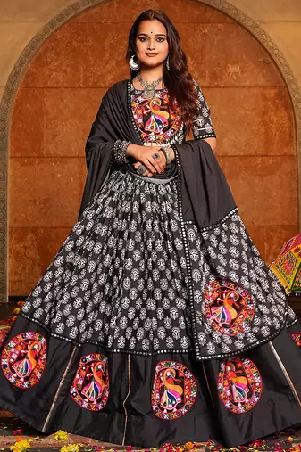 Women's Black Crepe Embroidery and Printed  Semi Stiched Lehenga Choli With Dupatta
