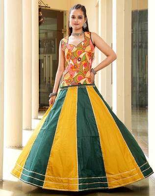 mustard and green thread work cotton navratri lehenga choli 1
