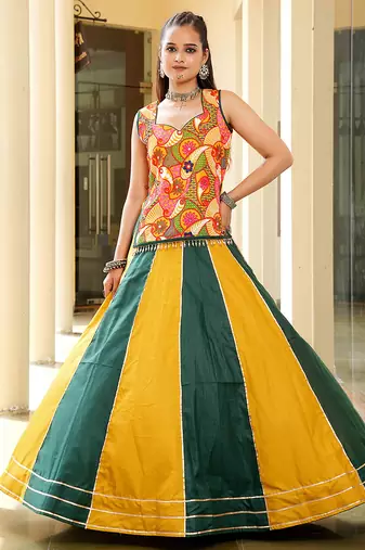 Women's Musterd & Green Cotton Embroidery and Printed  Semi Stiched Lehenga Choli With Dupatta