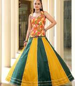 Women's Musterd & Green Cotton Embroidery and Printed  Semi Stiched Lehenga Choli With Dupatta