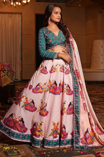 Women's Light Pink Crepe Printed Work Semi Stiched Lehenga Choli With Dupatta