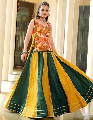 mustard and green thread work cotton navratri lehenga choli 2