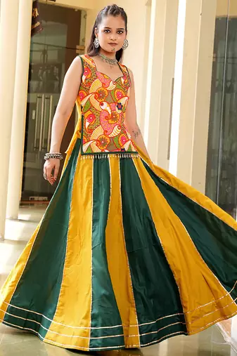 Women's Musterd & Green Cotton Embroidery and Printed  Semi Stiched Lehenga Choli With Dupatta