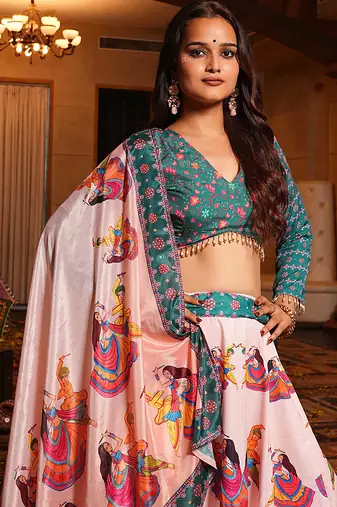 Women's Light Pink Crepe Printed Work Semi Stiched Lehenga Choli With Dupatta