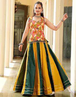 mustard and green thread work cotton navratri lehenga choli 3