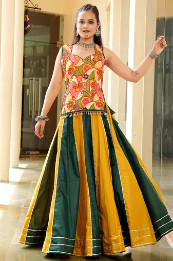 Women's Musterd & Green Cotton Embroidery and Printed  Semi Stiched Lehenga Choli With Dupatta
