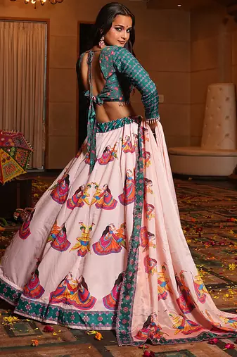 Women's Light Pink Crepe Printed Work Semi Stiched Lehenga Choli With Dupatta
