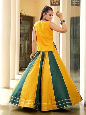 mustard and green thread work cotton navratri lehenga choli 4