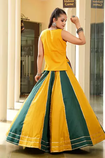 Women's Musterd & Green Cotton Embroidery and Printed  Semi Stiched Lehenga Choli With Dupatta