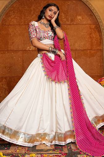 off white kutchi embroidery crepe navratri lehenga choli