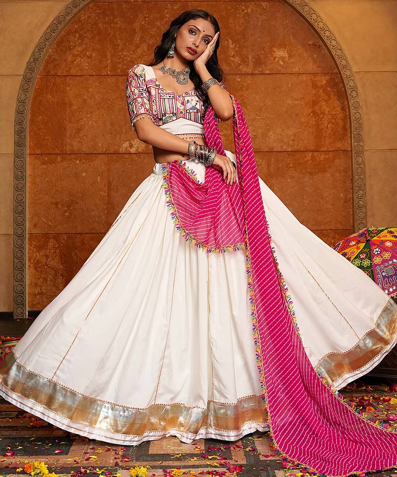 Women's Off White Crepe Traditional Kutchi Embroidery with Mirror Work Semi Stiched Lehenga Choli With Dupatta