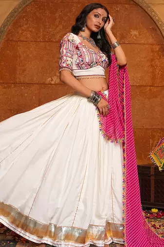Women's Off White Crepe Traditional Kutchi Embroidery with Mirror Work Semi Stiched Lehenga Choli With Dupatta