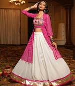 Women's White Georgette Embroidery and Printed  Semi Stiched Lehenga Choli With Dupatta