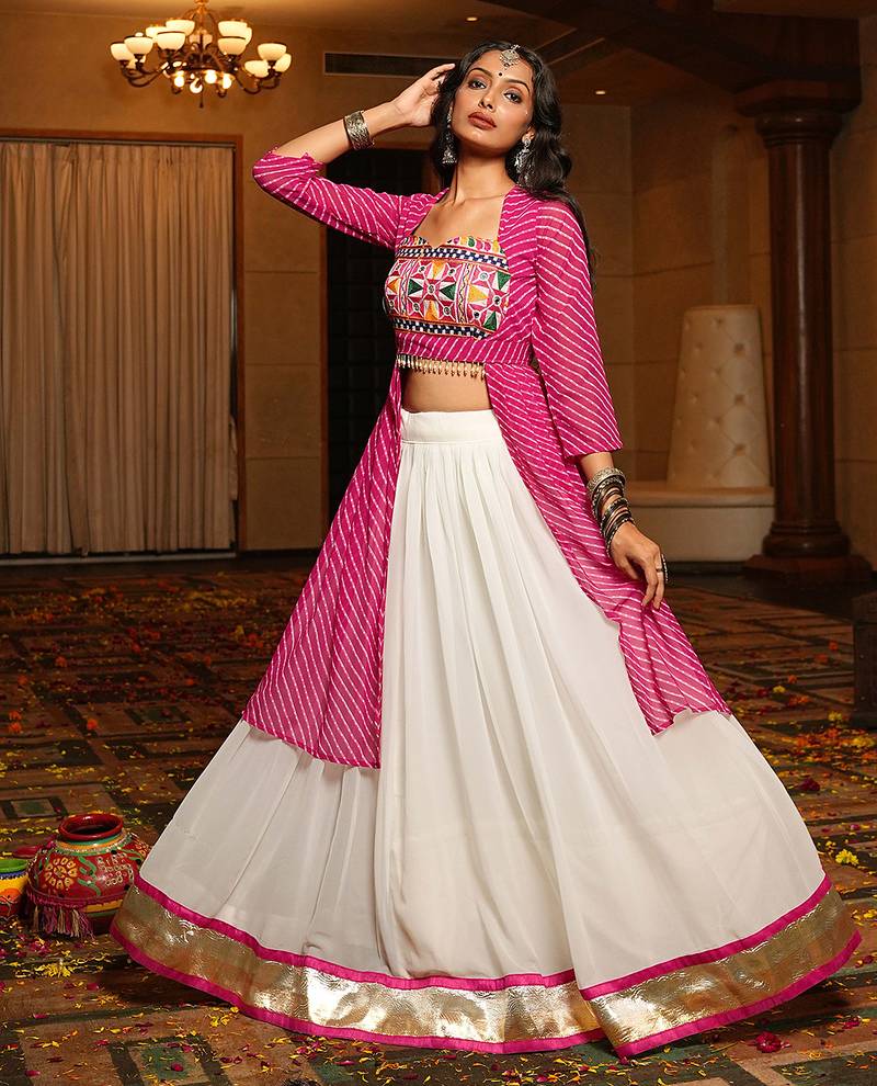 Women's White Georgette Embroidery and Printed  Semi Stiched Lehenga Choli With Dupatta