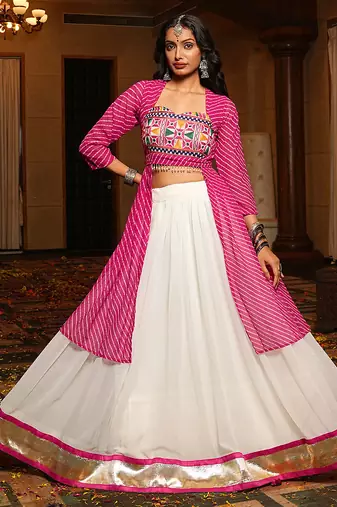 Women's White Georgette Embroidery and Printed  Semi Stiched Lehenga Choli With Dupatta