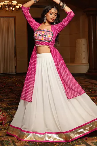 Women's White Georgette Embroidery and Printed  Semi Stiched Lehenga Choli With Dupatta