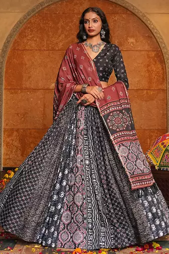 Women's Black Crepe Printed Work Semi Stiched Lehenga Choli With Dupatta