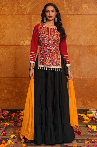 black mirror work kutchi embroidery crepe navratri lehenga set