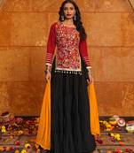 Women's Black Crepe Traditional Kutchi Embroidery with Mirror Work Semi Stiched Lehenga Choli With Dupatta