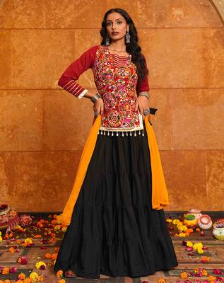 black mirror work kutchi embroidery crepe navratri lehenga set 2