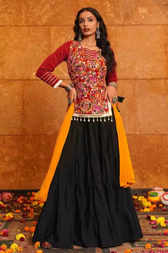 Women's Black Crepe Traditional Kutchi Embroidery with Mirror Work Semi Stiched Lehenga Choli With Dupatta