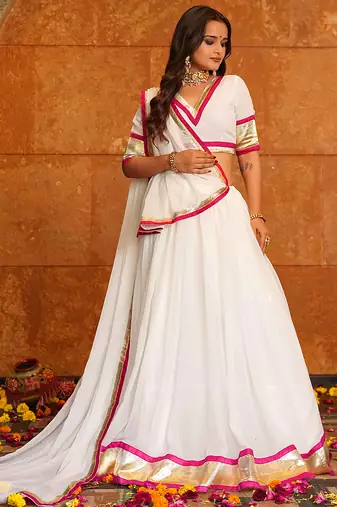 Women's White Georgette Lace Work Semi Stiched Lehenga Choli With Dupatta