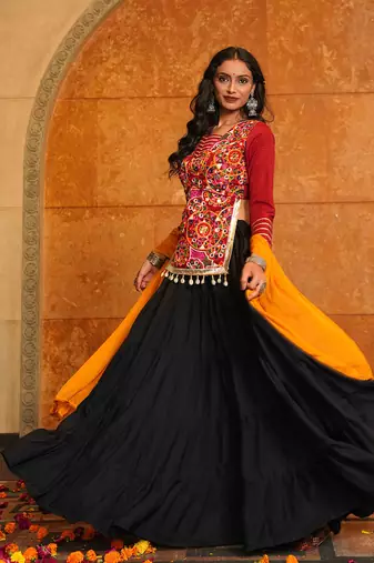 Women's Black Crepe Traditional Kutchi Embroidery with Mirror Work Semi Stiched Lehenga Choli With Dupatta