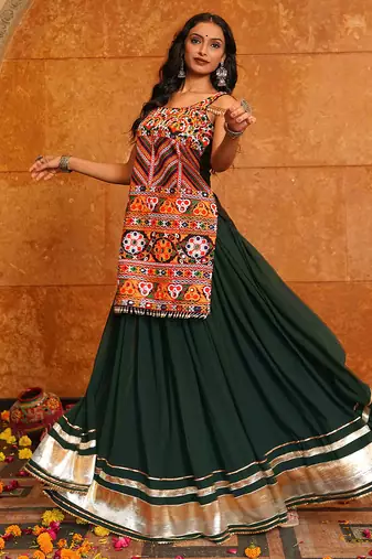 Women's Green Georgette Traditional Kutchi Embroidery with Mirror Work Semi Stiched Lehenga Choli With Dupatta