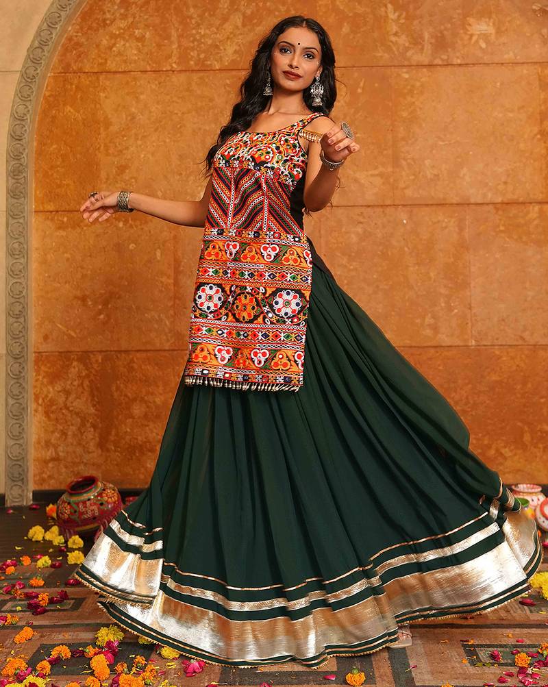 Women's Green Georgette Traditional Kutchi Embroidery with Mirror Work Semi Stiched Lehenga Choli With Dupatta