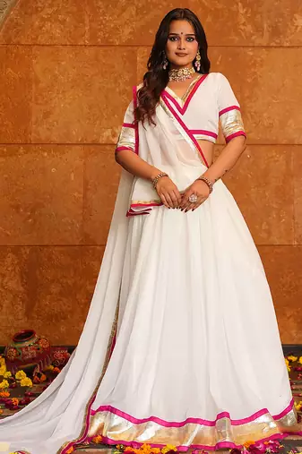 Women's White Georgette Lace Work Semi Stiched Lehenga Choli With Dupatta