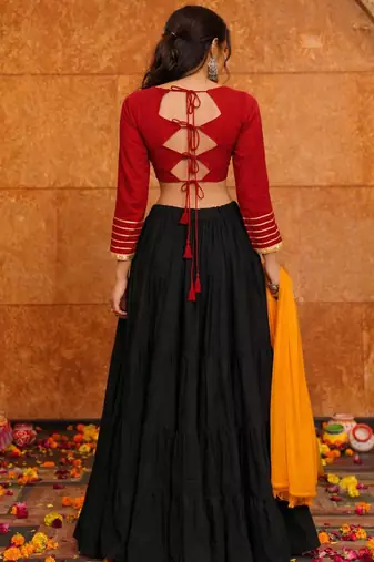 Women's Black Crepe Traditional Kutchi Embroidery with Mirror Work Semi Stiched Lehenga Choli With Dupatta