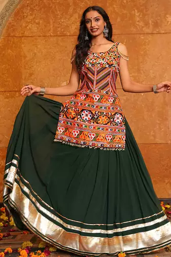 Women's Green Georgette Traditional Kutchi Embroidery with Mirror Work Semi Stiched Lehenga Choli With Dupatta