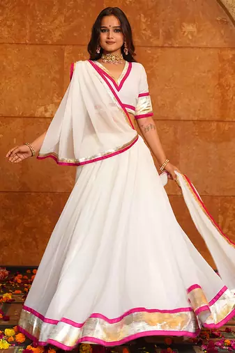 Women's White Georgette Lace Work Semi Stiched Lehenga Choli With Dupatta