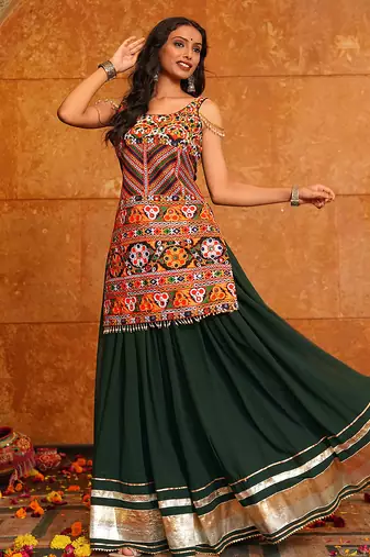 Women's Green Georgette Traditional Kutchi Embroidery with Mirror Work Semi Stiched Lehenga Choli With Dupatta