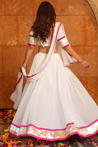 Women's White Georgette Lace Work Semi Stiched Lehenga Choli With Dupatta