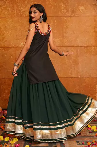 Women's Green Georgette Traditional Kutchi Embroidery with Mirror Work Semi Stiched Lehenga Choli With Dupatta