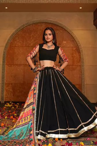 Women's Black Georgette Embroidery and Printed  Semi Stiched Lehenga Choli With Dupatta