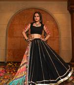 Women's Black Georgette Embroidery and Printed  Semi Stiched Lehenga Choli With Dupatta