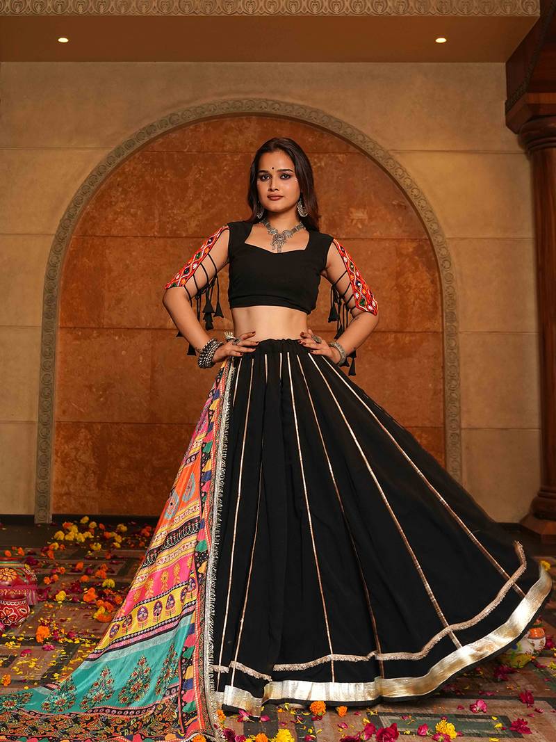 Women's Black Georgette Embroidery and Printed  Semi Stiched Lehenga Choli With Dupatta