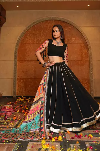 Women's Black Georgette Embroidery and Printed  Semi Stiched Lehenga Choli With Dupatta