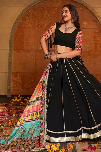 Women's Black Georgette Embroidery and Printed  Semi Stiched Lehenga Choli With Dupatta
