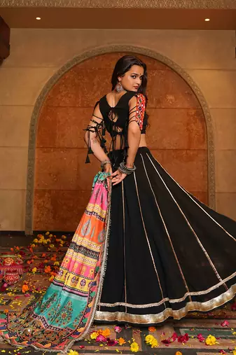 Women's Black Georgette Embroidery and Printed  Semi Stiched Lehenga Choli With Dupatta