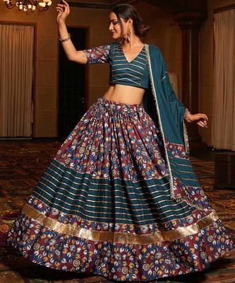 teal floral printed crepe navratri lehenga choli  1