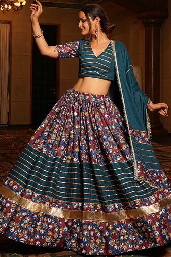 teal floral printed crepe navratri lehenga choli 