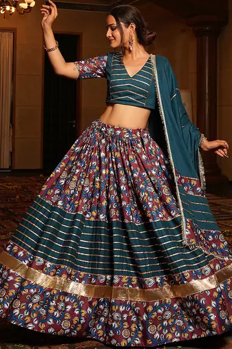 Women's Teal Crepe Printed Work Semi Stiched Lehenga Choli With Dupatta
