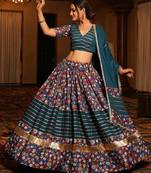 Women's Teal Crepe Printed Work Semi Stiched Lehenga Choli With Dupatta