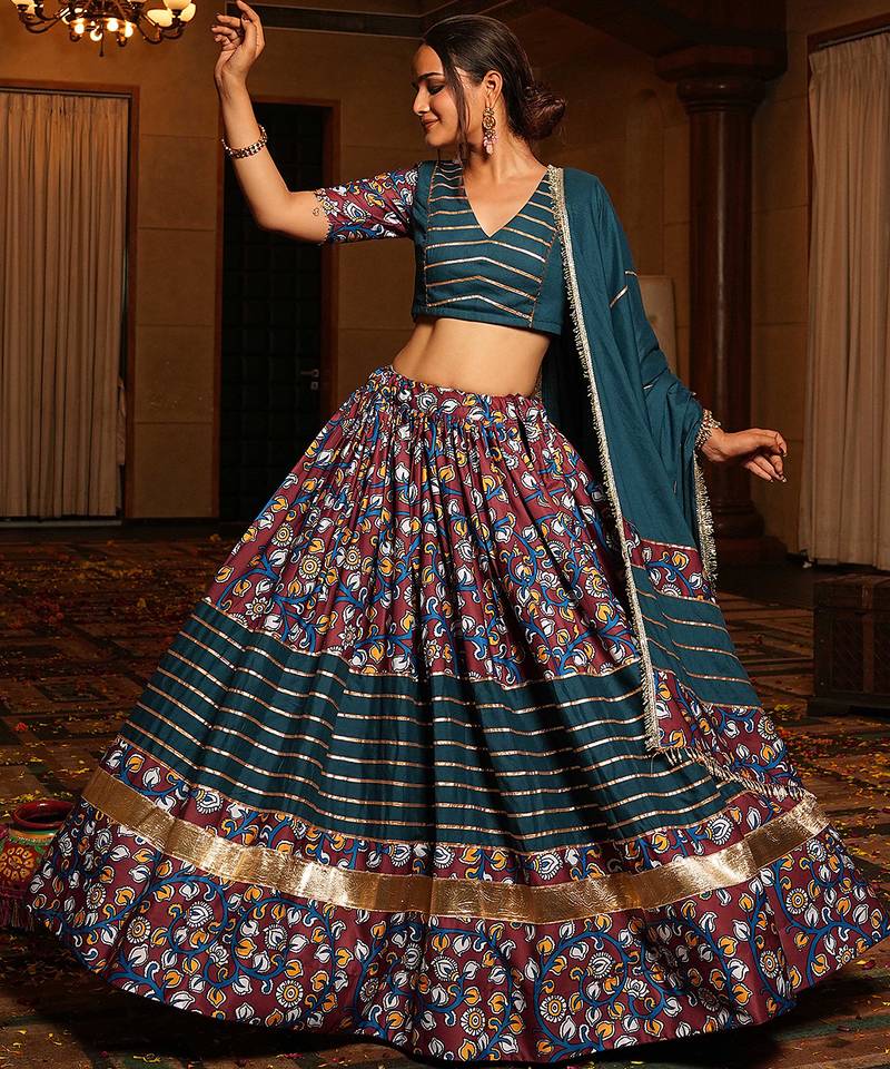Women's Teal Crepe Printed Work Semi Stiched Lehenga Choli With Dupatta