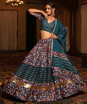 teal floral printed crepe navratri lehenga choli  2